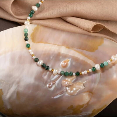 İnci-Zümrüt Doğal Taş Altın Kaplama Kapama Kolye - 8