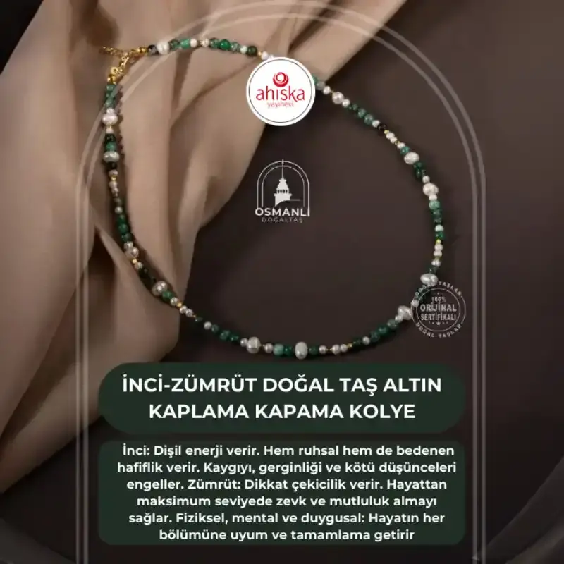 İnci-Zümrüt Doğal Taş Altın Kaplama Kapama Kolye - 2