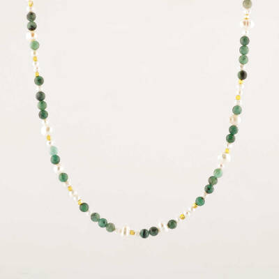 İnci-Zümrüt Doğal Taş Altın Kaplama Kapama Kolye - 5