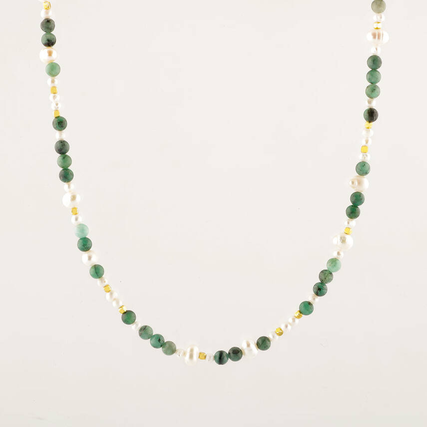 İnci-Zümrüt Doğal Taş Altın Kaplama Kapama Kolye - 2