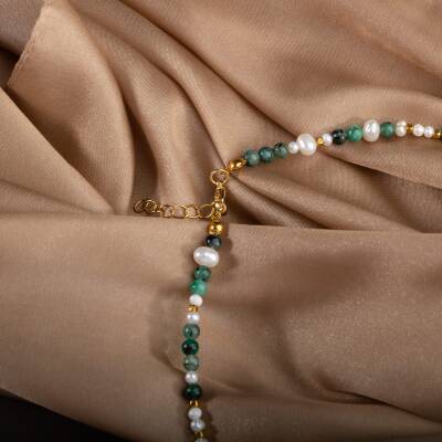 İnci-Zümrüt Doğal Taş Altın Kaplama Kapama Kolye - 3