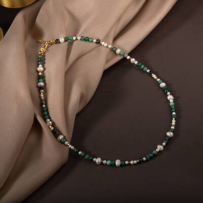 İnci-Zümrüt Doğal Taş Altın Kaplama Kapama Kolye - 5