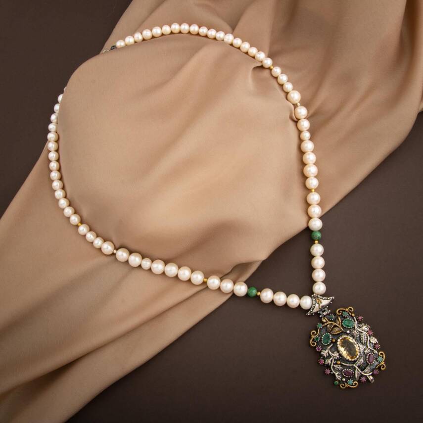 İnci-Zümrüt Doğal Taş El İşlemesi Koleksiyon Sitrin Kolye - 65cm - 1