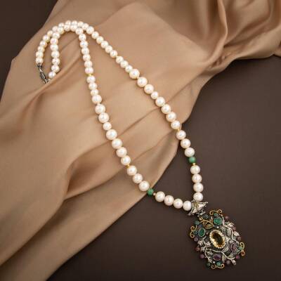 İnci-Zümrüt Doğal Taş El İşlemesi Koleksiyon Sitrin Kolye - 65cm - 2