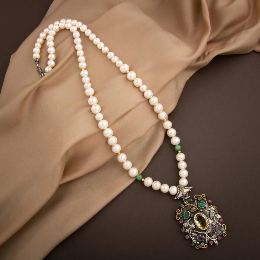 İnci-Zümrüt Doğal Taş El İşlemesi Koleksiyon Sitrin Kolye - 65cm - 2