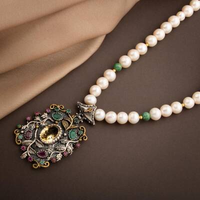 İnci-Zümrüt Doğal Taş El İşlemesi Koleksiyon Sitrin Kolye - 65cm - 3