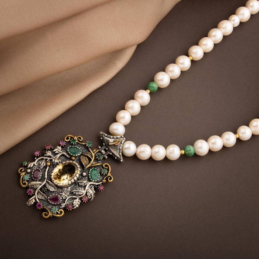 İnci-Zümrüt Doğal Taş El İşlemesi Koleksiyon Sitrin Kolye - 65cm - 3