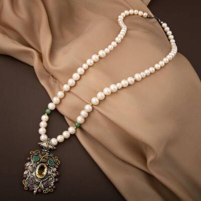 İnci-Zümrüt Doğal Taş El İşlemesi Koleksiyon Sitrin Kolye - 65cm - 4