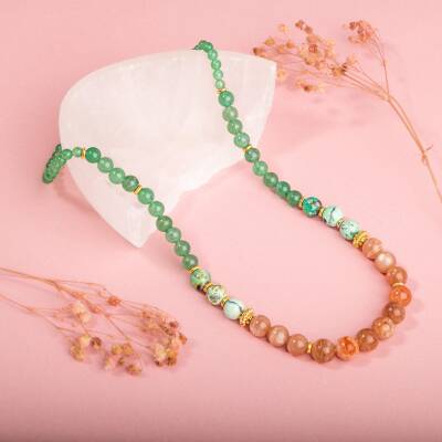 İspanyol Varisit-Güneş Taşı-Yeşil Aventurin Doğal Taş Altın Kaplama Kolye - 2