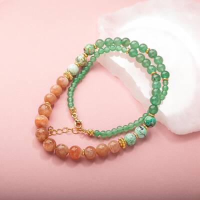 İspanyol Varisit-Güneş Taşı-Yeşil Aventurin Doğal Taş Altın Kaplama Kolye - 5