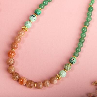 İspanyol Varisit-Güneş Taşı-Yeşil Aventurin Doğal Taş Altın Kaplama Kolye - 3