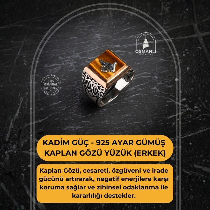 Kadim Güç - Sertifikalı 925 Ayar Gümüş Kaplan Gözü Yüzük (Erkek) - 2