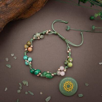 Kalp Çakrası Doğal Taş Bileklik - Prehnit-Unakit-Amazonit-Malakit-Aventurin-Pembe Kuvars-Yeşim - 3