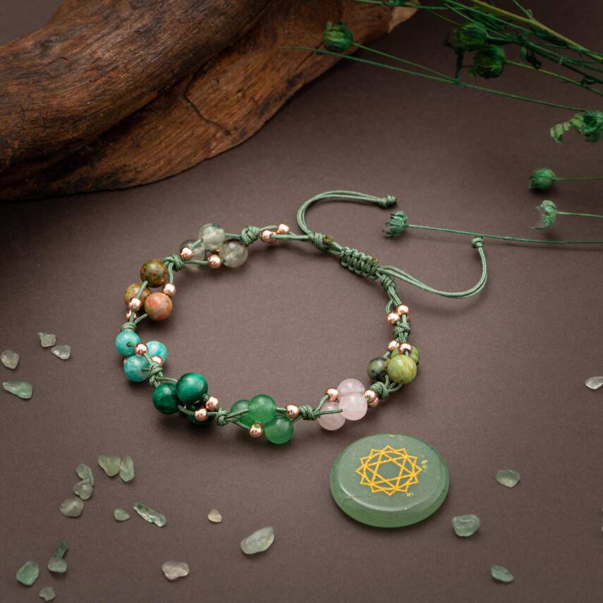 Kalp Çakrası Doğal Taş Bileklik - Prehnit-Unakit-Amazonit-Malakit-Aventurin-Pembe Kuvars-Yeşim - 3
