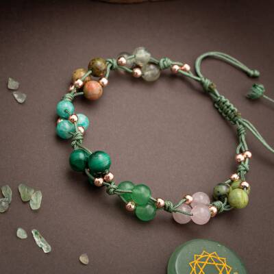 Kalp Çakrası Doğal Taş Bileklik - Prehnit-Unakit-Amazonit-Malakit-Aventurin-Pembe Kuvars-Yeşim - 4