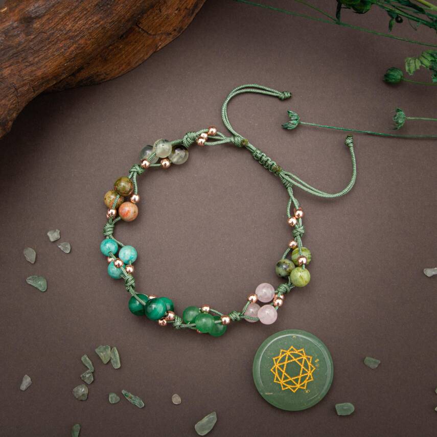Kalp Çakrası Doğal Taş Bileklik - Prehnit-Unakit-Amazonit-Malakit-Aventurin-Pembe Kuvars-Yeşim - 5