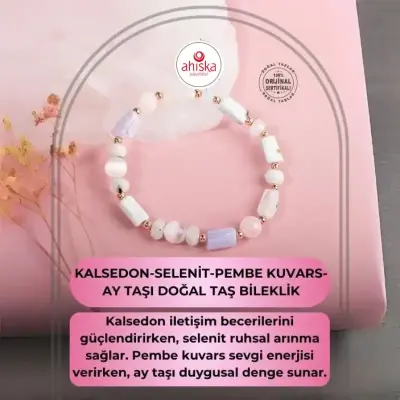 Kalsedon-Selenit-Pembe Kuvars-Ay Taşı Doğal Taş Bileklik - 1