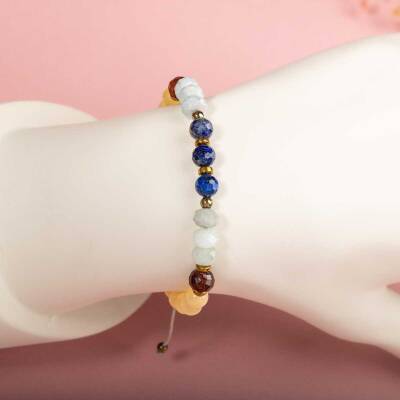 Kalsit-Bordo Granat Lal-Lapis Lazuli-Akuamarin Doğal Taş Bileklik - 3