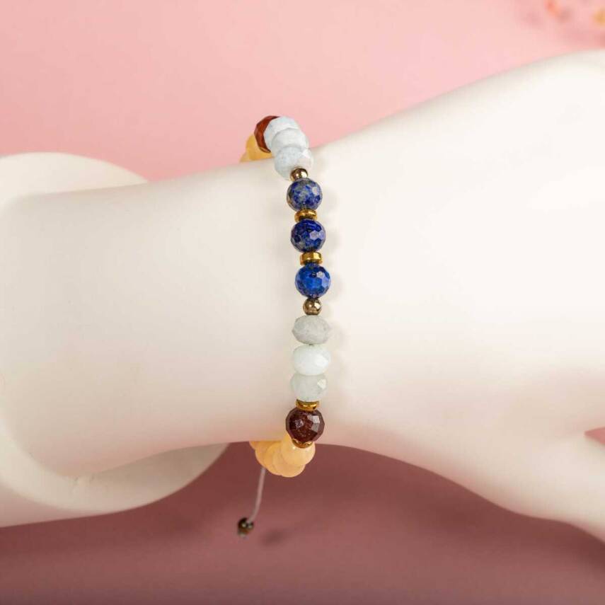 Kalsit-Bordo Granat Lal-Lapis Lazuli-Akuamarin Doğal Taş Bileklik - 3