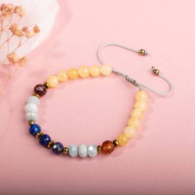 Kalsit-Bordo Granat Lal-Lapis Lazuli-Akuamarin Doğal Taş Bileklik - 3