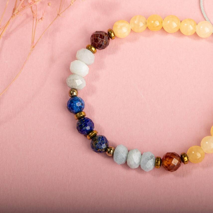 Kalsit-Bordo Granat Lal-Lapis Lazuli-Akuamarin Doğal Taş Bileklik - 4