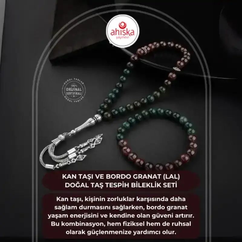 Kan Taşı-Bordo Granat Lal Doğal Taş Tesbih Bileklik Seti - 2