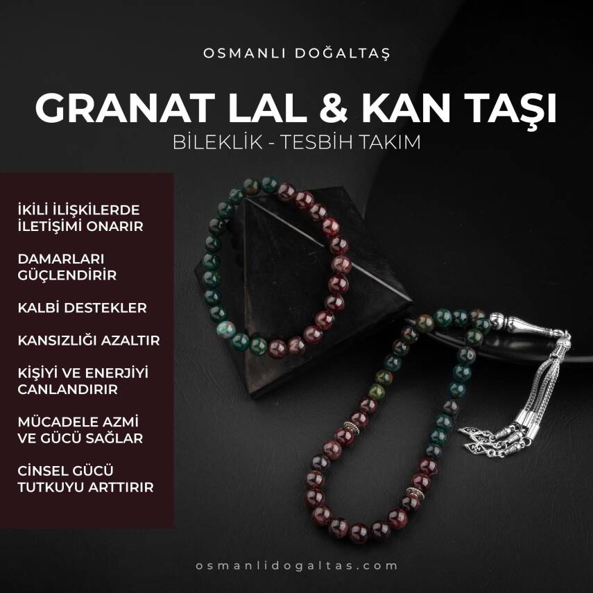 Kan Taşı-Bordo Granat Lal Doğal Taş Tesbih Bileklik Seti - 1