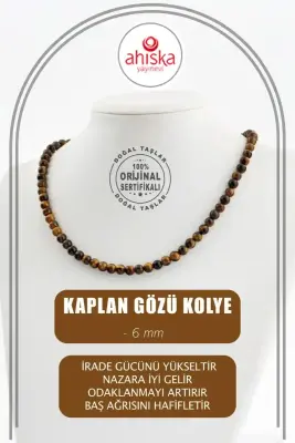 Kaplan Gözü 6 mm Dizi Doğal Taş Kolye - 1