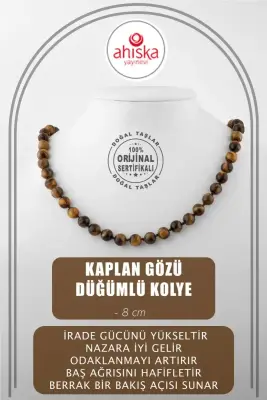 Kaplan Gözü 8 mm Düğümlü Doğal Taş Kolye - 1