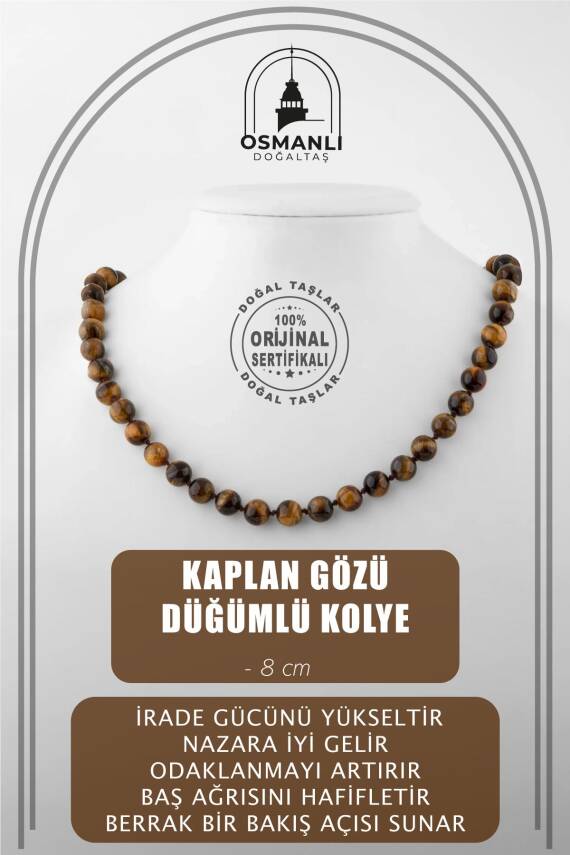 Kaplan Gözü 8 mm Düğümlü Doğal Taş Kolye - 1