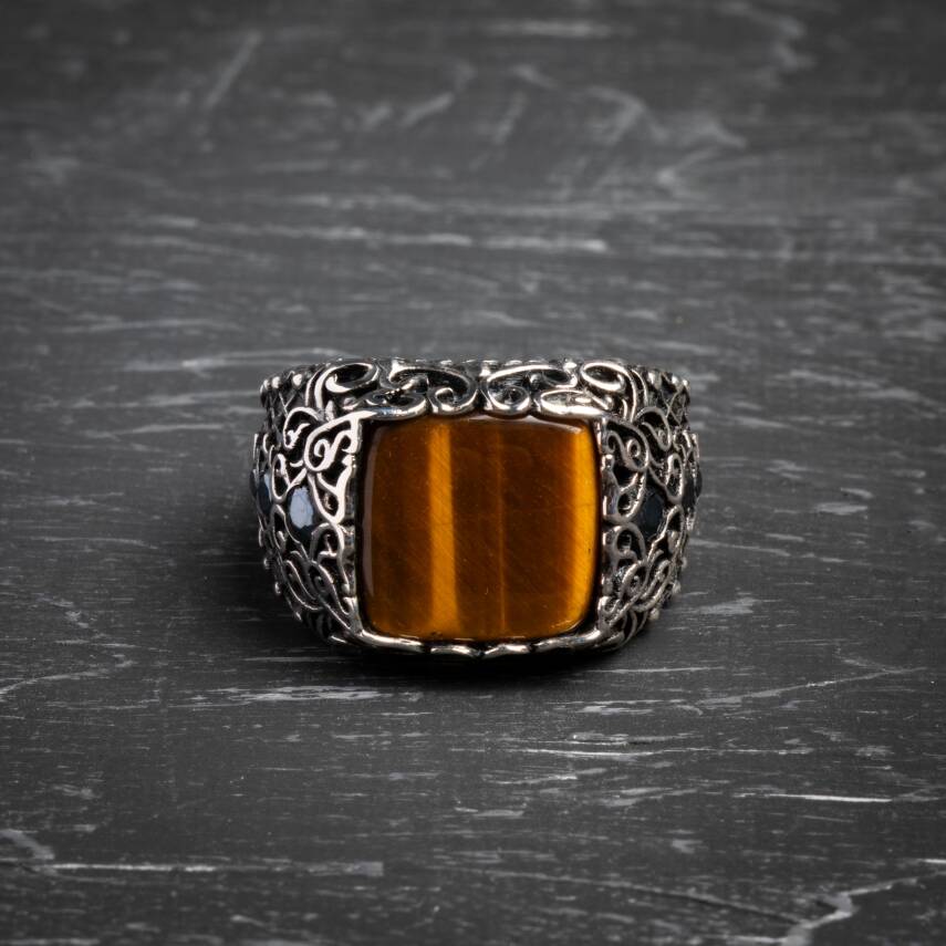 Kaplan Gözü 925 Ayar Gümüş Osmanlı Motifli Yüzük - 1