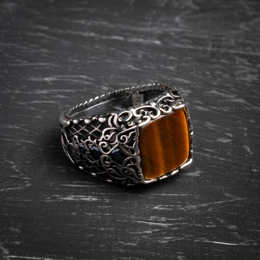 Kaplan Gözü 925 Ayar Gümüş Osmanlı Motifli Yüzük - 2