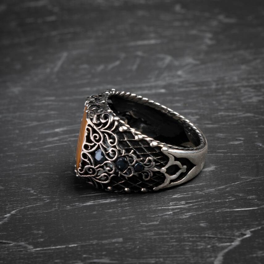 Kaplan Gözü 925 Ayar Gümüş Osmanlı Motifli Yüzük - 3