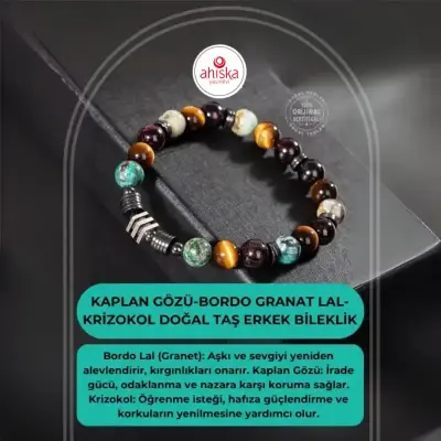 Kaplan Gözü-Bordo Granat Lal-Krizokol Doğal Taş Erkek Bileklik - Doğal Taş (1)