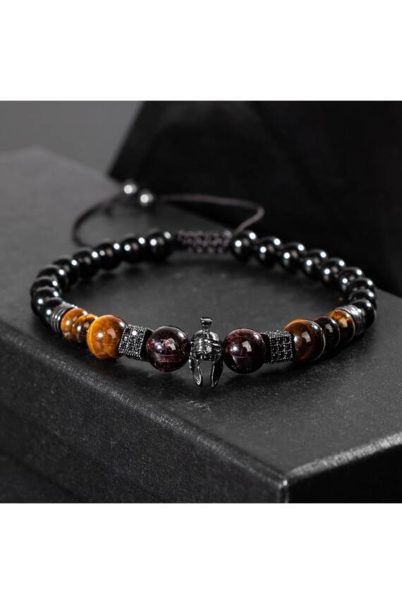 Kaplan Gözü-Bordo Granat Lal-Siyah Turmalin Doğal Taş Erkek Zirkon Bileklik - 1