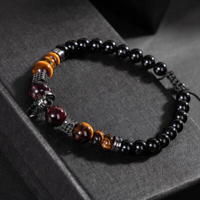 Kaplan Gözü-Bordo Granat Lal-Siyah Turmalin Doğal Taş Erkek Zirkon Bileklik - 3