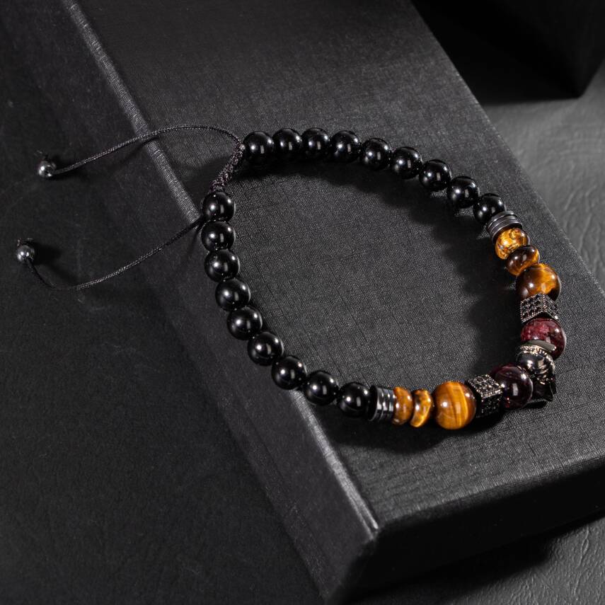 Kaplan Gözü-Bordo Granat Lal-Siyah Turmalin Doğal Taş Erkek Zirkon Bileklik - 4