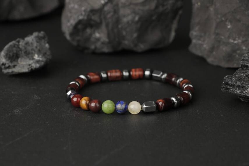 Kaplan Gözü-Çakra Bileklik Ametist, Lal, Kaplan Gözü, Akik, Lapis, Yeşim, Kalsit - 4