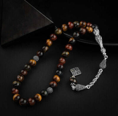 Kaplan Gözü Doğal Taş 8mm Gümüş İmameli Tesbih - Osmanlı Doğal Taş