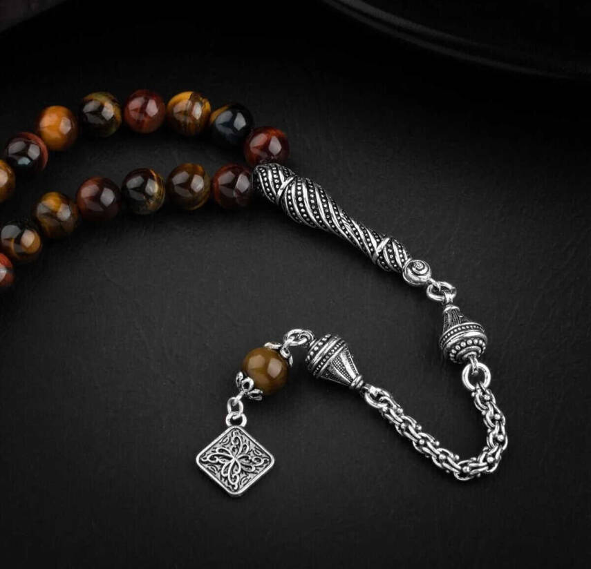 Kaplan Gözü Doğal Taş 8mm Gümüş İmameli Tesbih - 3