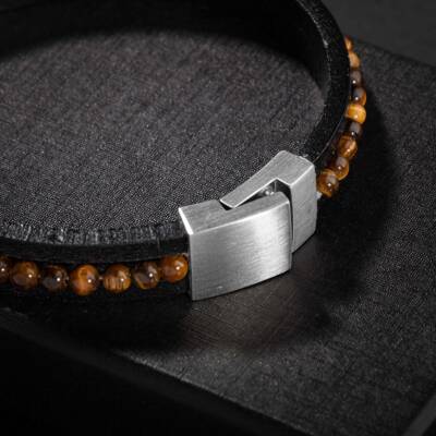 Kaplan Gözü Doğal Taş Deri Erkek Tasarım Bileklik - Osmanlı Doğaltaş