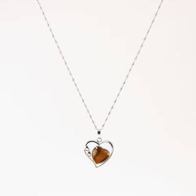 Kaplan Gözü Doğal Taş Kalpli Kolye, Gümüş Zincir - Osmanlı Doğaltaş