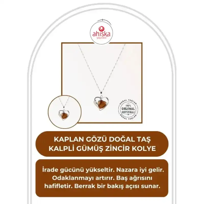 Kaplan Gözü Doğal Taş Kalpli Kolye, Gümüş Zincir - 2