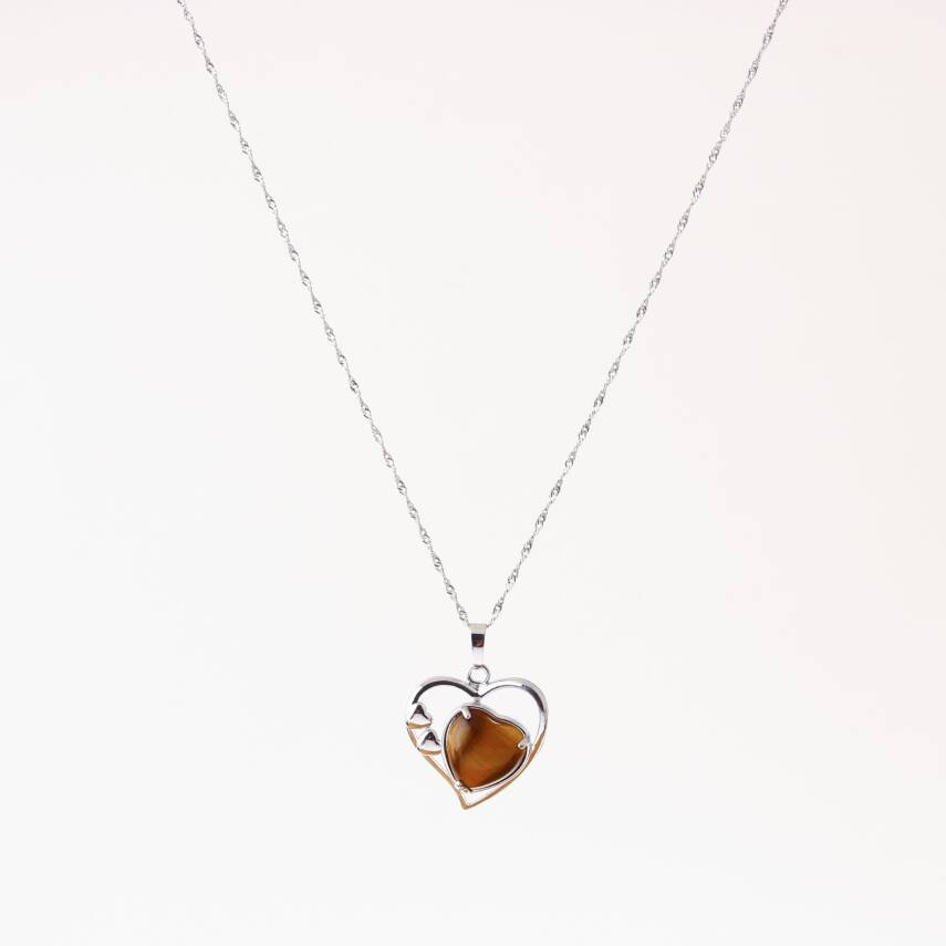 Kaplan Gözü Doğal Taş Kalpli Kolye, Gümüş Zincir - 1