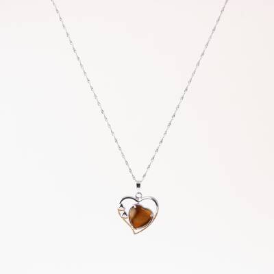 Kaplan Gözü Doğal Taş Kalpli Kolye, Gümüş Zincir - 2