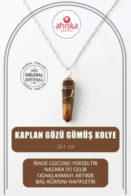 Kaplan Gözü Doğal Taş Kolye Ucu 3x1 cm, Gümüş Zincir - Doğal Taş (1)