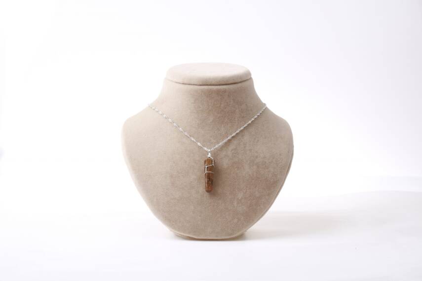 Kaplan Gözü Doğal Taş Kolye Ucu 3x1 cm, Gümüş Zincir - 2