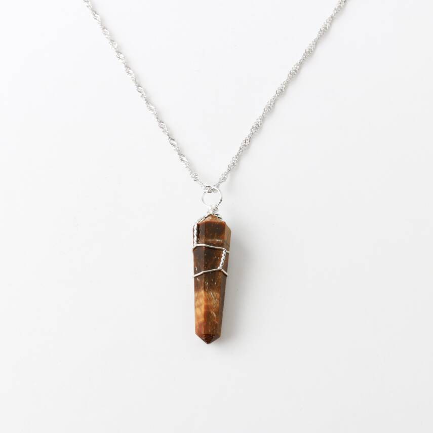 Kaplan Gözü Doğal Taş Kolye Ucu 3x1 cm, Gümüş Zincir - 3