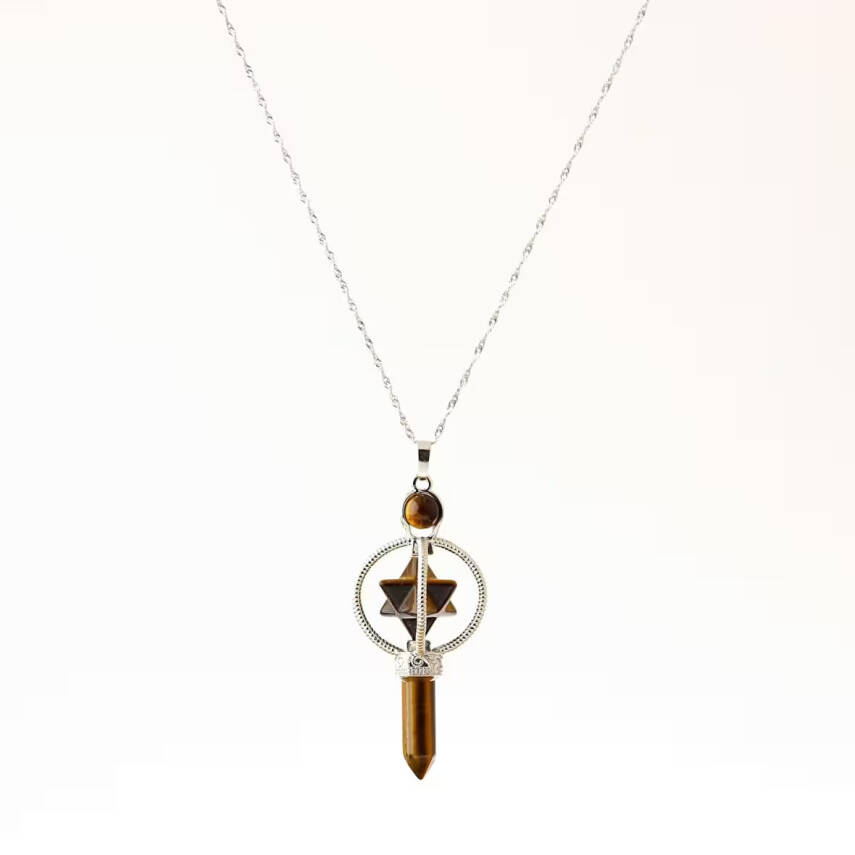 Kaplan Gözü Doğal Taş Markapon Yıldızlı Kolye, Gümüş Zincir - 1