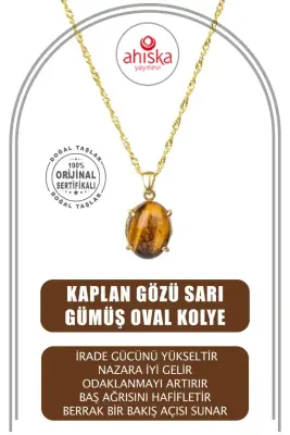 Kaplan Gözü Doğal Taş Sarı Gümüş Oval Kolye - 1